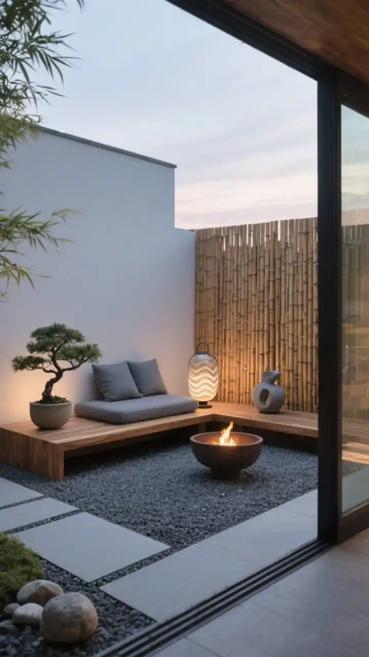 Photorealistic wide shot, zen minimalist patio escape: a rectangle of fine gravel bordered by smooth pavers creating a calm zone; a low teak platform seat topped with slate-gray cushions; a single bonsai on a simple pedestal, a ripple-glass lantern, and a compact fire bowl for evening ritual; warm bamboo privacy panel filtering light behind; decor includes a minimal sculptural pot and smooth river stones; color palette slate, teak, bamboo; serene dusk lighting with soft shadows, clean composition from a corner angle