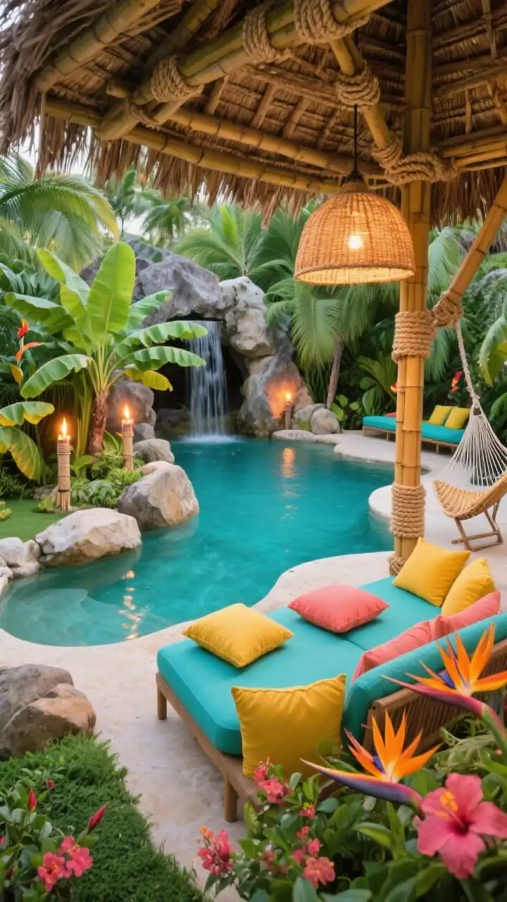 Photorealistic wide, slightly elevated angle of a tropical resort hideaway: a freeform pool edged with natural boulders, surrounded by layers of banana leaf palms, bird of paradise, hibiscus, and lush groundcovers. A palapa-style pergola with rope-wrapped posts hangs rattan pendant lights over a seating area with bright aqua, coral, and sunrise-yellow outdoor pillows and a hammock chair. Tiki torches flicker; a rock grotto with a playful waterfall feeds the pool. Palette: emerald, aqua, coral, sunrise yellow. Materials: rattan, rope, natural stone, bamboo.