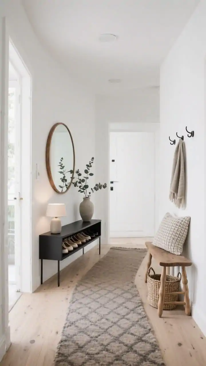 Photorealistic wide, straight-on entryway shot in Sleek Scandinavian style: white walls, pale oak floors, a slim matte-black narrow console with an open shelf holding neatly lined shoes, a warm wool runner in a quiet gray pattern, a round oak-framed mirror reflecting soft daylight, a small stoneware lamp glowing gently, a ceramic vase with a sprig of eucalyptus, a spindle bench with a waffle-knit pillow, and a trio of simple hooks with a woven basket for scarves; palette of soft whites, pale wood, and charcoal accents; calm, airy lighting with clean lines and soft textures.