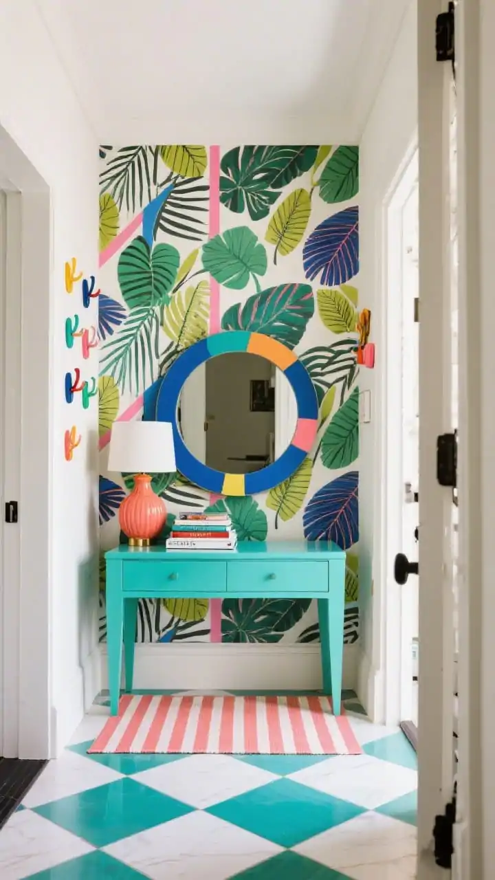 Photorealistic wide, straight-on entryway showcasing playful pattern pop: bold graphic wallpaper (oversized botanicals or geometric lines) as backdrop; lacquered console in a crisp color (mint, coral, or cobalt); round statement mirror with a playful frame above; striped runner or checkerboard floor tile grounding the scene; colorful coat hooks arranged as functional art on the adjacent wall; bright ceramic lamp and a small stack of coffee table books on the console; high-contrast brights with one neutral anchor; joyful, eclectic, design-forward mood; no people.