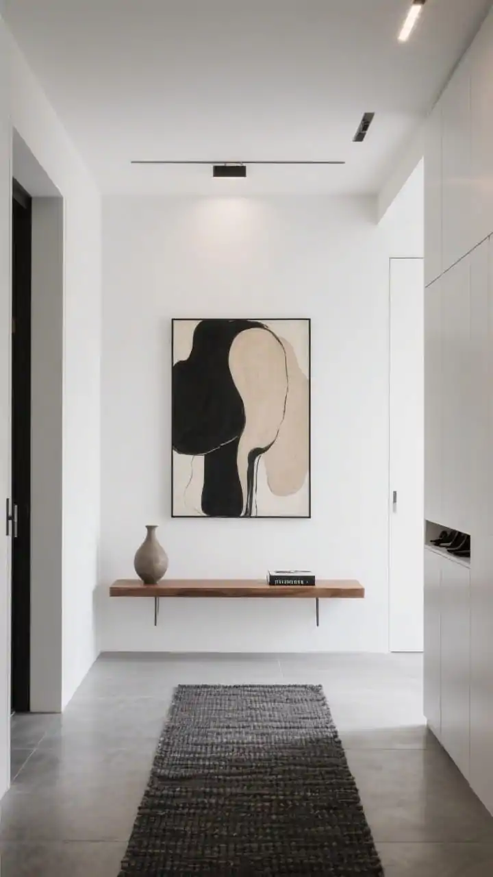 Photorealistic wide, straight-on room shot of a modern minimalist gallery-style entrance: matte white wall featuring a single oversized abstract painting in black and sand tones; a slim oak waterfall-edge console “floating” beneath with only a sculptural vase and one art book; large-format concrete tile floor with a low-pile woven charcoal runner; discreet recessed track lighting washing the artwork in a soft glow; flush wall panels hiding a seamless shoe cabinet; palette of white, charcoal, natural oak; airy, pared-back, quietly luxe ambiance; no people.
