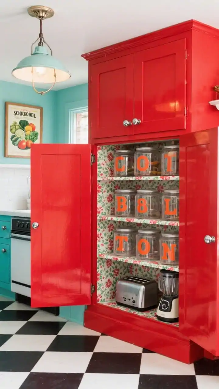 Photorealistic wide, straight-on shot of a joyful color-pop pantry cabinet: freestanding glossy tomato red cabinet with chunky chrome pulls set over a black-and-cream checkerboard floor; doors open to adjustable shelves lined with playful floral contact paper; clear canisters with bold block-letter labels; a flip-down appliance garage partially open with toaster and blender; vintage-style schoolhouse pendant overhead and a framed produce poster nearby; retro-chic, bright lighting.