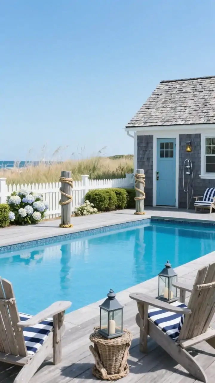 Photorealistic wide, straight-on view of a coastal Cape Cod retreat: a crisp sky-blue pool ringed by weathered gray decking and a white picket fence softened with hydrangeas, boxwood, and sea grasses swaying in the breeze. Adirondack chairs with navy-and-white striped cushions cluster near driftwood-inspired lanterns. A shingled pool house with a Dutch door and an outdoor shower stands beyond; rope-wrapped posts with brass cleats evoke a dock. Palette: navy, sky blue, white, weathered gray. Materials: cedar, wicker, galvanized metal, cotton canvas.