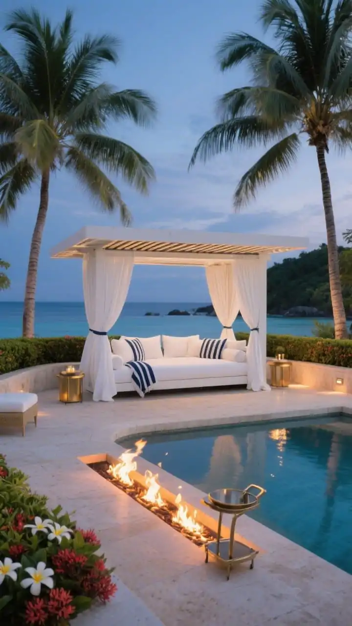 Photorealistic wide twilight shot of an island resort cabana scene with a sunken conversation pit beside the pool, wrapped in smooth stone/concrete and centered on a linear fire feature casting warm reflections across the water. Symmetrical statement palms (royal or foxtail) and tidy plantings with low hedges of dwarf ixora and fragrant frangipani. A white-draped cabana bed with adjustable slatted roof, crisp white cushions with navy piping, and weatherproof striped throws. Pale limestone decking, brushed brass side tables, and a sleek outdoor bar cart. Firelight and subtle ambient lighting create glamorous yet cozy mood; no people.