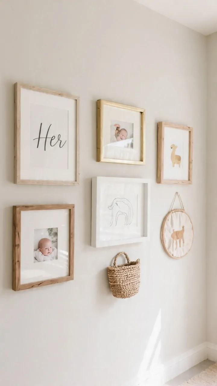 Straight-on gallery wall: Personalized art arrangement with 5 frames in a mix of white, natural wood, and brass (max three colors); pieces include her name in elegant typography, a few baby photos, minimal line drawings, watercolor animals, and a small woven basket plus a fabric hoop for texture; cohesive spacing and balanced odd-number layout; neutral wall, gentle indirect daylight.