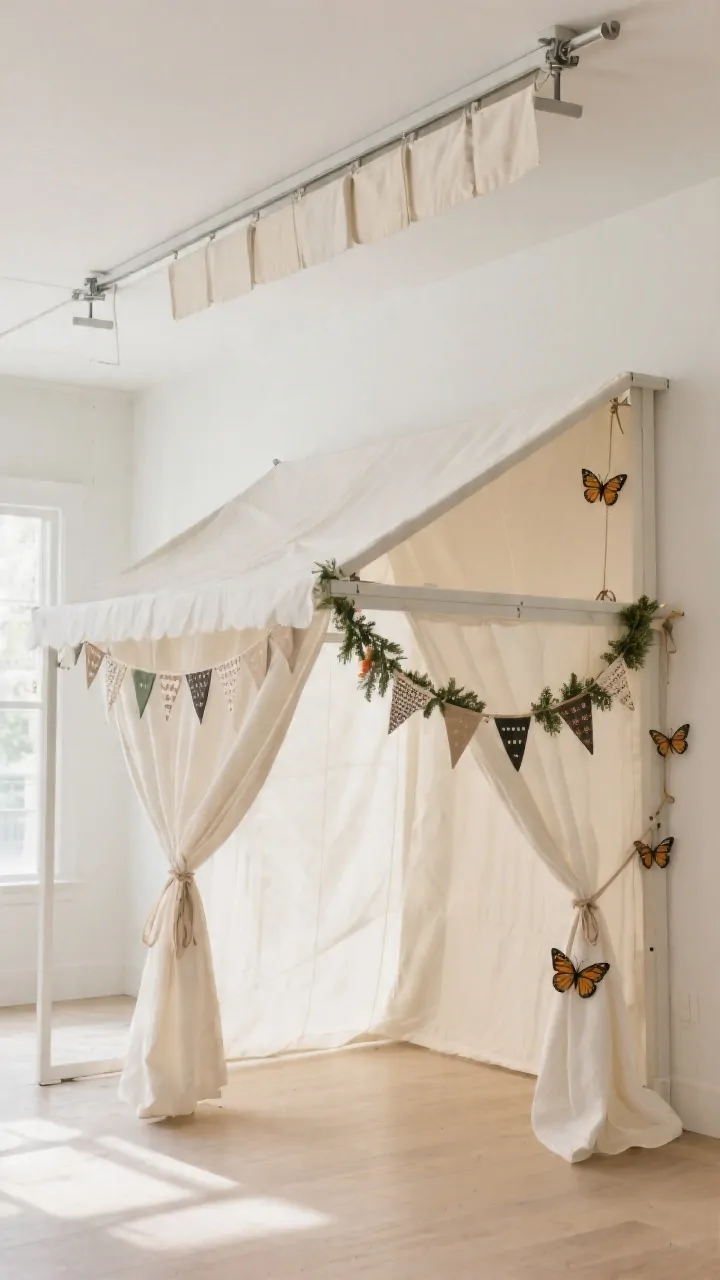 Straight-on medium shot: A convertible canopy setup designed to grow neutral base canopy in white/oatmeal on a simple frame, mounted to a ceiling track/rod that allows sliding in new panels; current accessories are swappable: clip-on garlands and seasonal bunting, with themed tie-backs (e.g., butterflies now); clean, adaptable styling emphasizing the hardware hack; soft natural light, mood: future-proof, versatile, budget-friendly; photorealistic, no people.