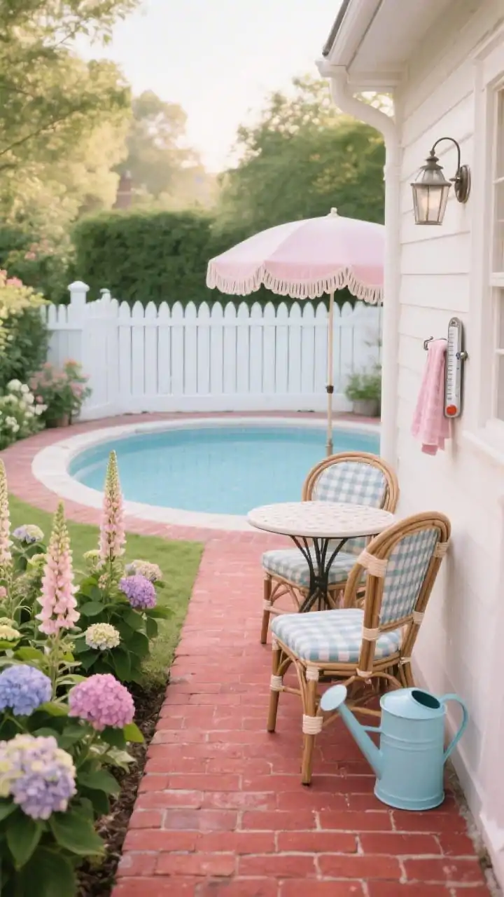 Straight-on medium shot, cottage garden charm: a petite round pool peeking behind a half-height white picket fence; the pool base wrapped in white beadboard-style panels with a simple cap rail; a narrow wraparound walkway painted brick red leading to a tiny bistro table under a scalloped umbrella; flowering hydrangeas and foxgloves around; wicker chairs with gingham cushions and a powder-blue watering can nearby; classic metal thermometer and vintage-style towel hooks visible; palette of white, powder blue, soft pinks, and garden green; soft morning light for a storybook feel; photorealistic, no people.