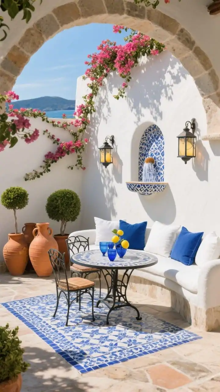Straight-on medium shot, Mediterranean Mosaic Courtyard in bright sun: a central blue-and-white encaustic-style tile “rug” framed by smooth stone; a curved iron settee with crisp white cushions and cobalt pillows; a mosaic-topped bistro table with iron chairs set under a bougainvillea-draped arch; terracotta amphorae grouped near a stucco wall with a wall-mounted tile fountain trickling; patterned ceramic lanterns, lemon topiaries, and blue glassware styled on the table; shadow-casting lantern sconces on the wall; palette of cobalt, white, terracotta, and olive; sun-warmed, seaside-village ambiance, photorealistic.