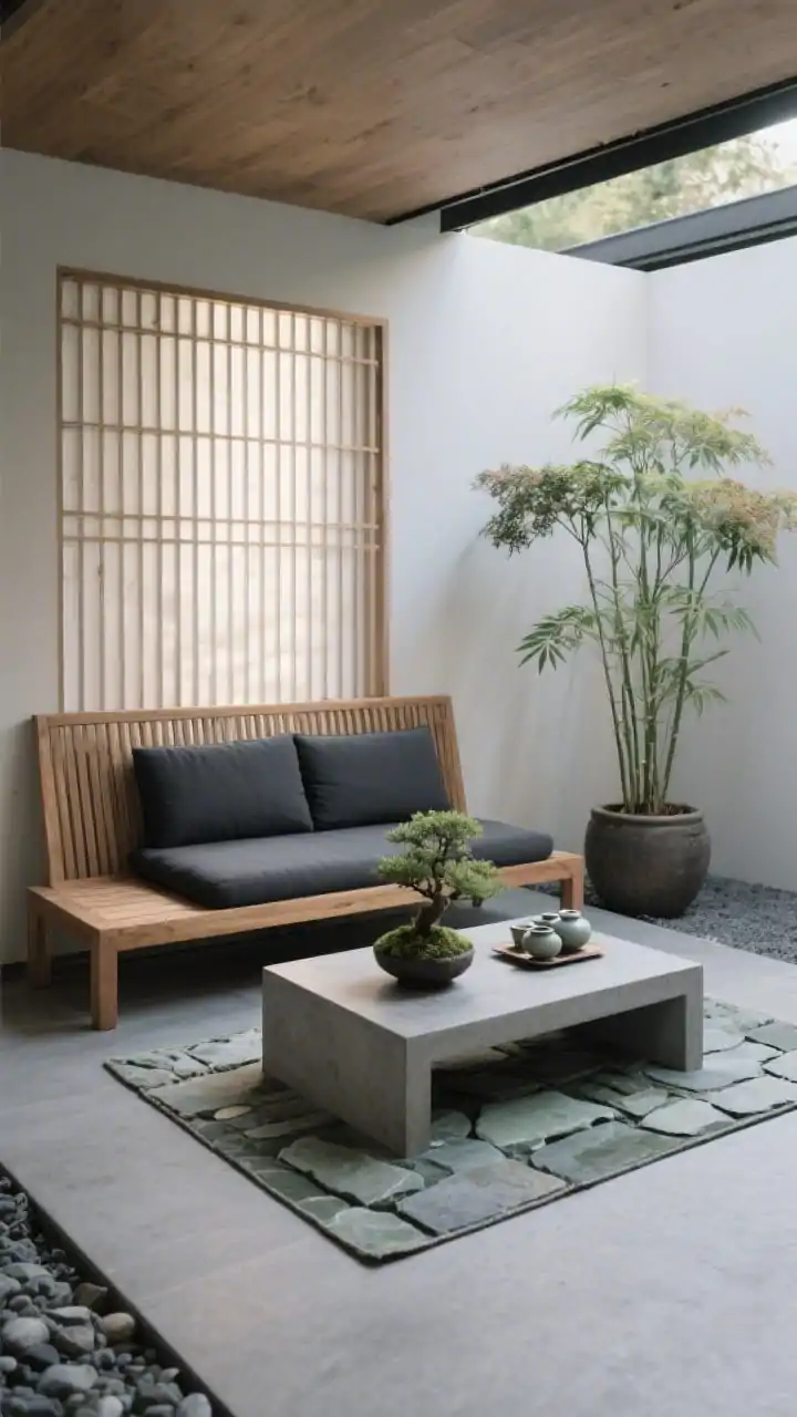Straight-on medium shot, Minimal Zen Courtyard: slatted teak bench with a charcoal cushion facing a rectangular concrete coffee table on a stone-look outdoor mat; a single bonsai on the table next to a ceramic tea set; slatted privacy screen behind to diffuse light; one statement plant either a Japanese maple or dwarf bamboo in a minimalist pot; palette of charcoal, teak, river stone gray, and sage; serene, balanced composition with soft natural light, no people, photorealistic.