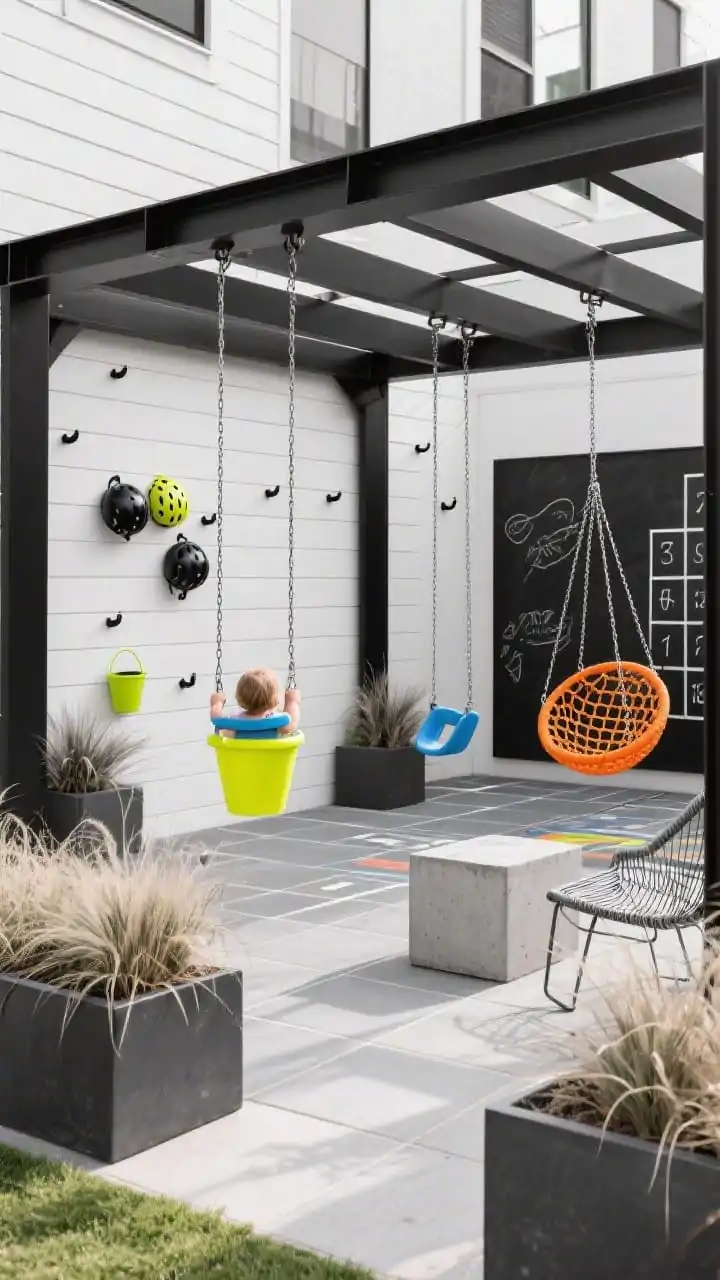 Straight-on medium shot, Modern Monochrome Play Lane: powder-coated black steel swing frame over geometric-pattern outdoor tiles; charcoal planters with sculptural grasses flanking the scene; swings include a neon yellow bucket-seat toddler swing, electric blue rubber belt swing, and a citrus orange rounded web swing; white slat wall with peg hooks holding helmets and chalk buckets; low concrete side table and wire lounge chairs nearby; chalkboard panel and hopscotch strip visible beside swings; color palette of black, white, graphite with neon accents; crisp daylight, photorealistic.