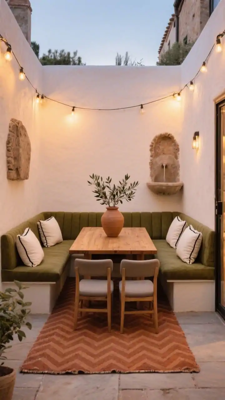 Straight-on medium shot of a compact courtyard dining nook: a U-shaped built-in banquette wrapping two walls, upholstered in olive cushions with cream pillows featuring black piping; a rectangular teak dining table centered with two low-profile armchairs at the open side; terra cotta herringbone outdoor rug underfoot; overhead café string lights glowing warmly at dusk; a rustic wall fountain on one side; centerpiece is a chunky earthenware vase with olive branches; intimate, warm ambiance.