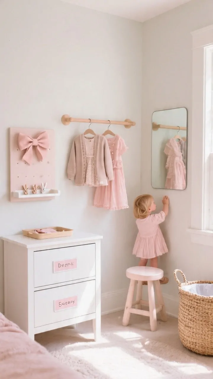 Straight-on medium shot of a mini dressing zone at kid height: low white dresser with the bottom two rows labeled with picture tags for everyday clothes, a short garment rail with a few neatly spaced dresses and cardigans, an accessory station with a bow board, small tray for clips, and a frameless mirror mounted at toddler height; a small stool and a woven laundry basket within arm’s reach; soft, neutral palette with blush accents; bright morning natural light.