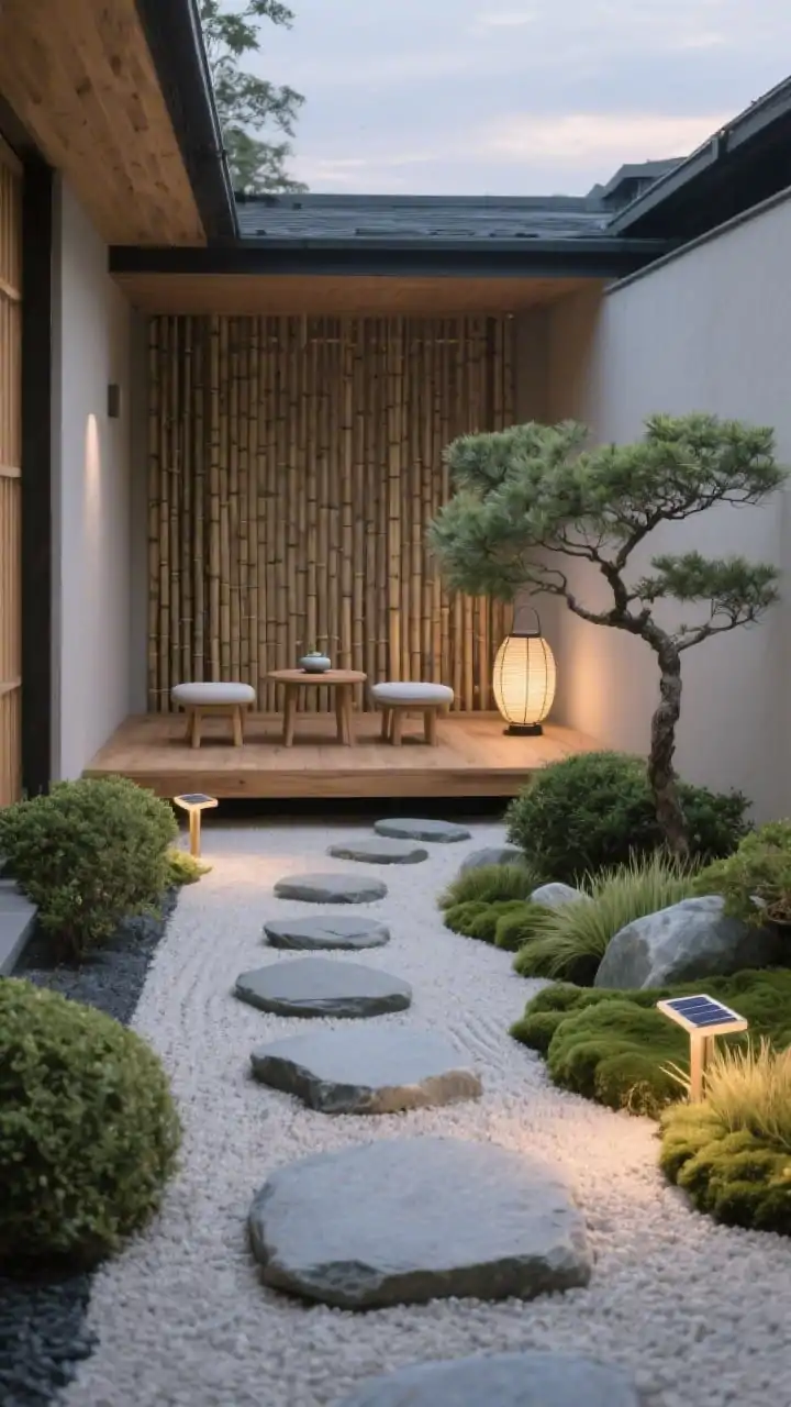 Straight-on medium shot of a minimal Zen tea path: raked pale gravel with rhythmical stepping stones, low clipped shrubs along the edge, a compact cedar platform with two low-profile stools and a tiny tea table, bamboo screen backdrop, smooth river rocks and a single sculptural lantern, dwarf Japanese maple, dwarf mondo grass, and moss pockets; quiet palette of warm wood, stone gray, and sage, discreet solar path lights casting a warm 2700K glow at early evening, serene and contemplative, photorealistic.