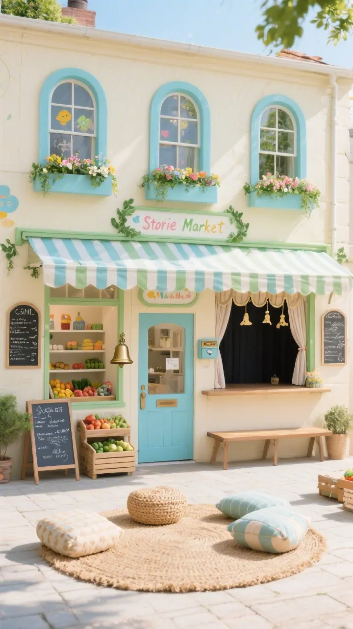 Straight-on medium shot of a storybook market and theater combo facade: modular pastel storefront with three arched windows and a central door; buttercream walls, robin’s egg blue panels, leafy green trim; fabric awning with stripes, flower boxes under windows; chalk menu boards and playful signage; inside glimpses of simple shelves with play produce, a bell, and a small cash drawer; flip-top stage panel visible with a puppet curtain rail and a low audience bench; woven floor cushions and a jute rug scattered in front like a cozy plaza; bright, cheerful indoor daylight; cottagecore charm; no people, photorealistic.
