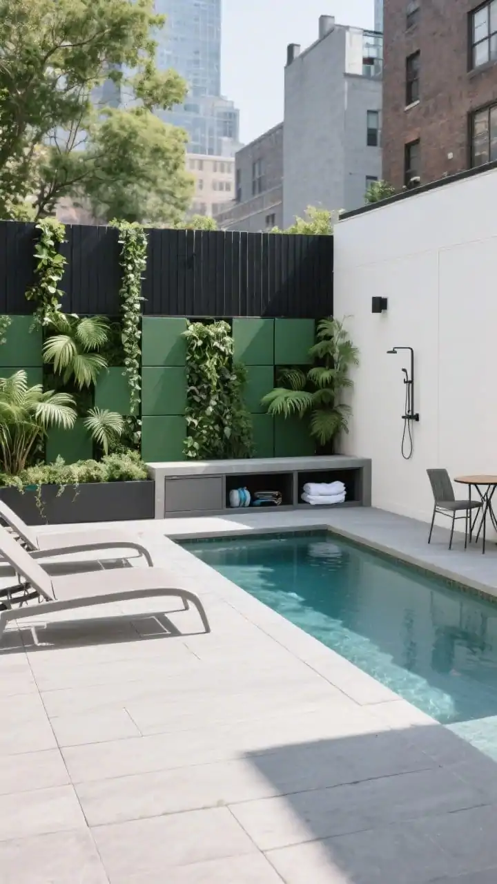 Straight-on, medium shot of an urban lap nook: slim lap-style plunge running along a fence line, opposite a raised bench with hidden storage for towels and pool gear; boundary fence clad with modular green-wall panels filled with ferns, ivy, and trailing pothos; large-format porcelain pavers for a clean modern deck, compact sling loungers and a fold-out bistro set; a smart wall-mounted outdoor shower; cool gray, forest green, matte black, crisp white palette; even daylight with subtle shadows, photorealistic.