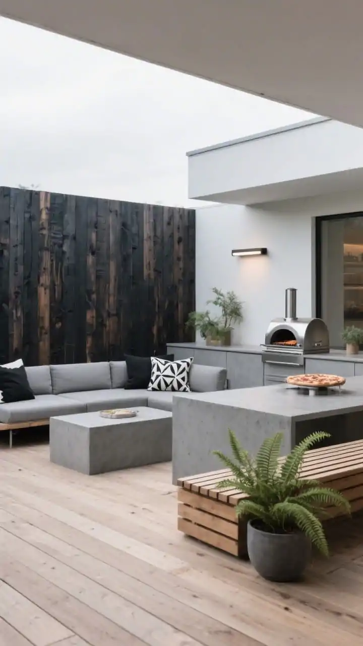 Straight-on medium shot, Sleek Scandinavian Grill Deck in soft overcast light: charred shou sugi ban cladding as the grill wall, light ash wood deck for contrast; graphite powder-coated grill island with a honed concrete counter; boxy modular sofas with stone-gray cushions, black-and-cream geometric pillows; minimal decor with a slatted wood bench, matte planters holding ferns, and a simple linear sconce; a brushed-steel portable pizza oven on the counter; palette of charcoal, pale wood, fog gray, soft white; photorealistic, minimalist warmth.