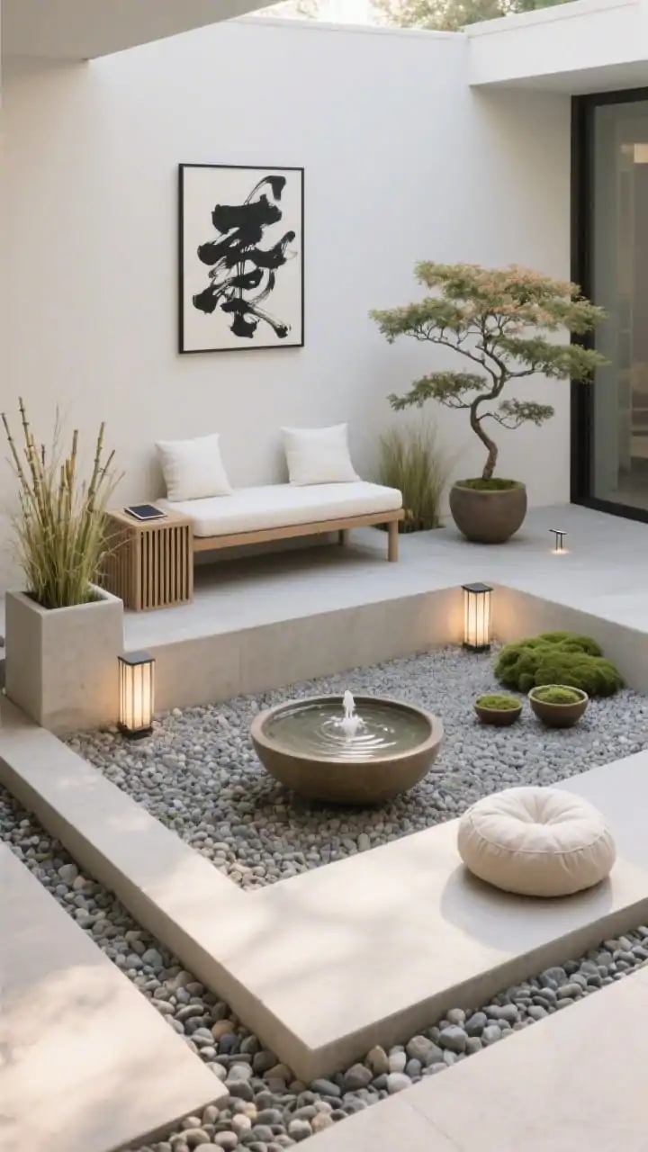 Straight-on, serene minimal Zen garden: a contained frame of pea gravel or river rock with precise edges; a low platform bench with off-white cushions and a narrow slatted side table; two square planters symmetrically flanking the bench with bamboo or dwarf grasses; a shallow bowl fountain centered for gentle water ripples; a single piece of black-ink wall art; discreet solar path lights and a hidden uplight illuminating a feature plant; a Japanese maple in a pot and small moss bowls; a simple outdoor floor cushion for meditation placed neatly. Soft diffuse daylight, tranquil neutrals.