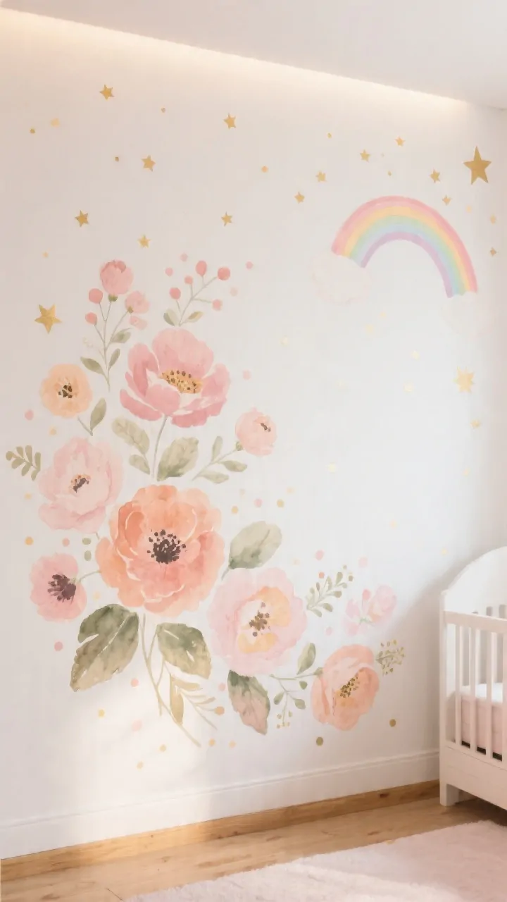 Straight-on wall view: Photorealistic nursery wall with oversized watercolor florals in blush and peach, whimsical rainbow decals in muted sorbet tones, and subtle gold-tinted star decals sprinkled up toward the ceiling; decals start at toddler eye level and expand outward with mixed sizes (large florals + tiny dots); clean warm white wall, natural wood baseboard, soft indirect lighting, no frames or extra decor to emphasize the peel-and-stick drama.