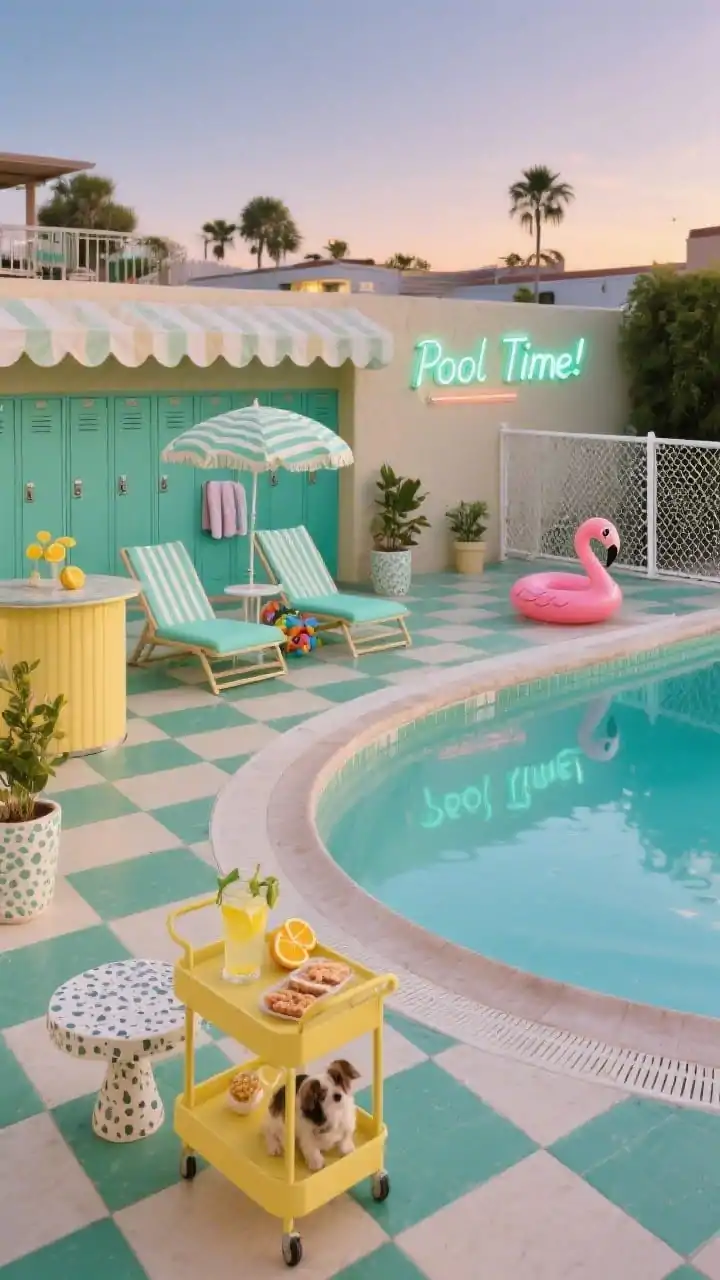 Straight-on wide shot, retro resort scene at late afternoon transitioning to dusk: kidney-shaped pool surrounded by large-scale cream-and-forest checkerboard textured, slip-resistant tile. Mint cabana chairs in pairs, sunburst umbrellas casting patterned shadows, and a butter-yellow bar cart staged with lemonade and pet treats. A scalloped awning over a wall of mint lockers labeled for towels and toys; neon “Pool Time!” sign beginning to glow. White wire mesh fence neatly enclosing the area; soft-edged pool coping visible. Pops of color from a flamingo float, citrus planters, and retro terrazzo side tables; lively, nostalgic ambiance, photorealistic.