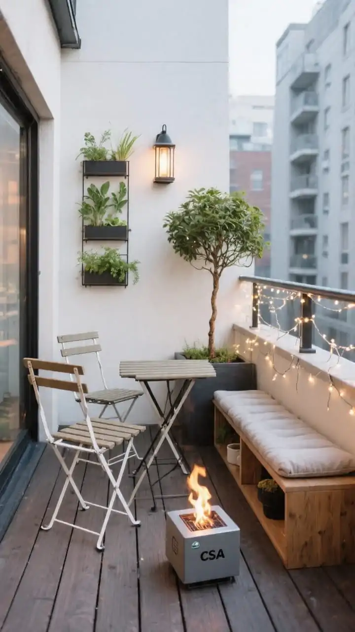 Tight medium shot of a tiny balcony setup: a compact CSA-approved gas fire cube on a small decking area, a bistro table with two slim folding chairs, a narrow bench with storage beneath topped with seat cushions; vertical elements include a wall-mounted plant rack with herbs and a slim lantern; a single potted tree in a space-saving corner planter; delicate fairy lights outlining the railing; clean urban backdrop, compliant, wood-free fire solution emphasized, no people