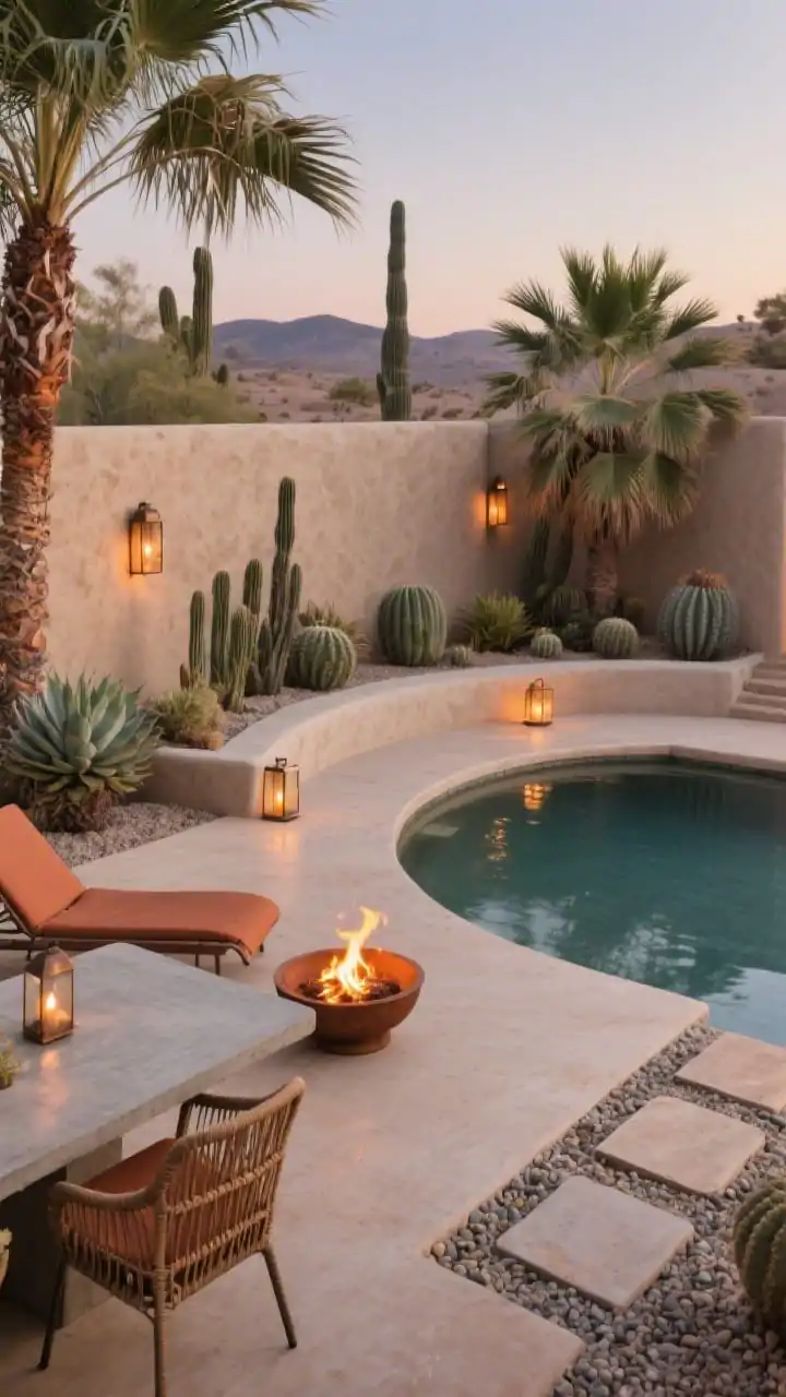 Twilight medium shot with firelight: A desert-tropical fusion backyard featuring a gently curved pool and warm, sand-toned concrete deck. A curved built-in concrete bench hugs a low fire bowl casting amber glow. Plantings mix date palms and pindo palms with sculptural agaves and barrel cacti set in desert-friendly gravel mulch and stepping stones. Furnish with rust or terracotta sling loungers and a concrete dining table paired with woven resin chairs. Include a textured stucco privacy wall and hammered-bronze lanterns. Palette: sand, clay, rust, smoke gray, sage greens. Photorealistic, corner perspective emphasizing curves and textures.