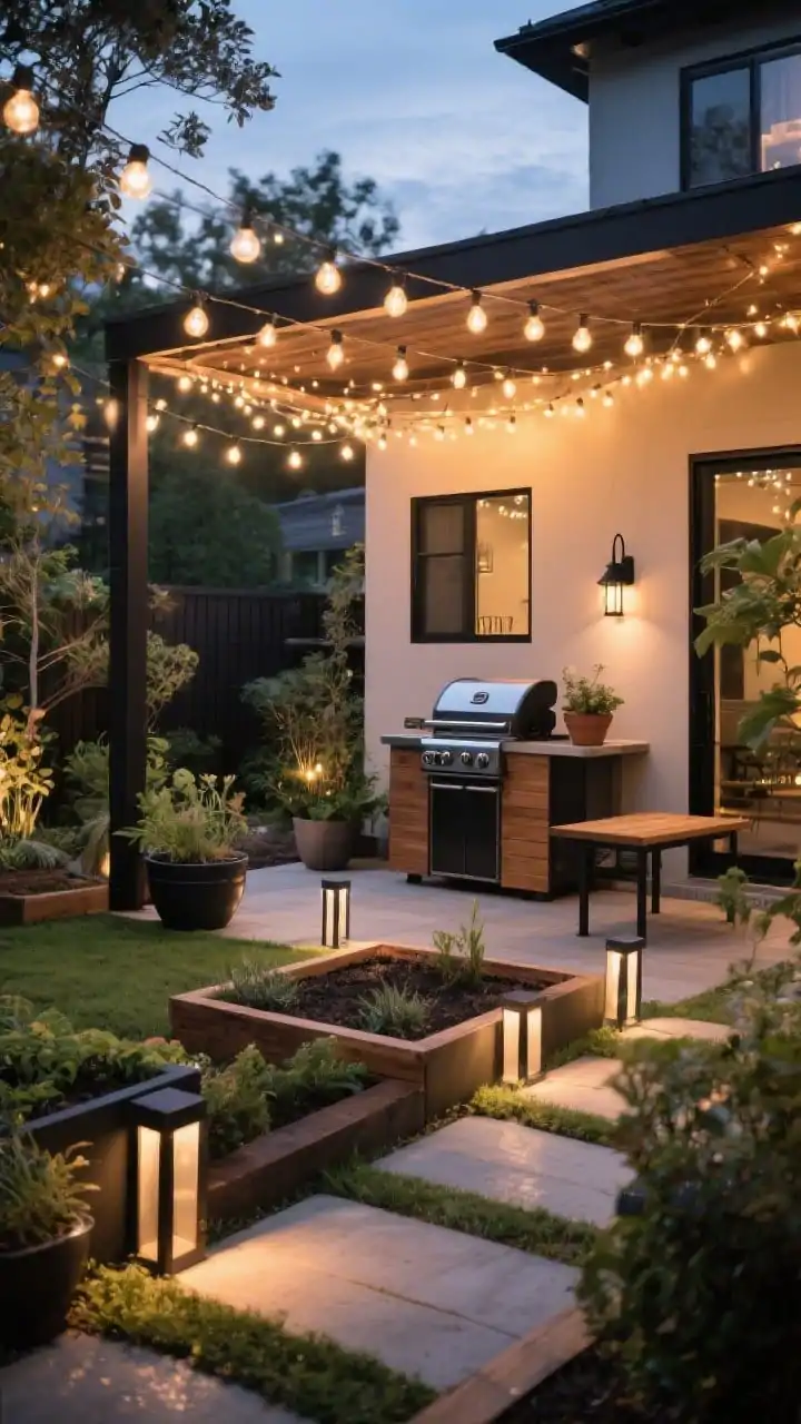 Twilight wide shot emphasizing layered garden lighting: festoon café lights strung overhead to create a glowing “ceiling,” small task sconces near a compact grill station and potting bench, and ground-level solar stakes and recessed step lights outlining paths and beds; bulbs are warm white (2700–3000K) for a cozy vibe; materials repeat in black metal fixtures and warm wood accents; reflections on planters and soft highlights on foliage, intimate and inviting atmosphere, no harsh cool tones
