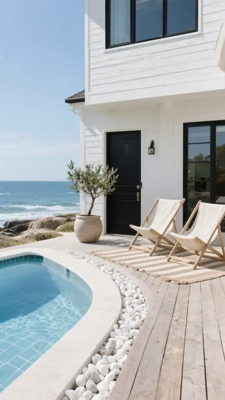 Wide, airy daytime coastal entry shot from a corner angle: an off-center saltwater pool with ocean-clear water and soft-blue porcelain tile sits beside a pale Thermowood boardwalk leading to the front door. White pebbles edge the deck for a breezy look. Style with two canvas sling chairs, a chunky ceramic planter holding a small olive tree, and a striped outdoor rug in stone and oatmeal. The exterior mixes natural cedar and white with black-framed windows. Palette: white, driftwood, sky blue, soft black accents. Vibe: fresh, hygge-by-the-sea, relaxed luxury. Photorealistic, no people.