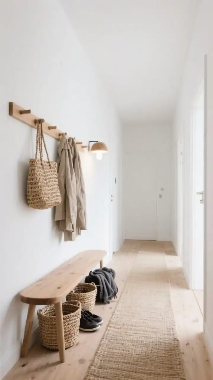 Wide, airy, straight-on Scandinavian hallway: long natural wood peg rail running the full wall at shoulder height holding woven totes and a couple neutral coats; below sits a simple solid-wood bench with rounded edges; three hand-braided baskets neatly tucked under for shoes and scarves; walls in bright Scandi white, pale oiled oak flooring, flat-weave oatmeal runner; a low-profile mushroom wall sconce emitting warm, diffused light; palette white, pale oak, oatmeal, soft charcoal; finishes natural wood, woven fiber, matte ceramics; calm, minimal, photorealistic.