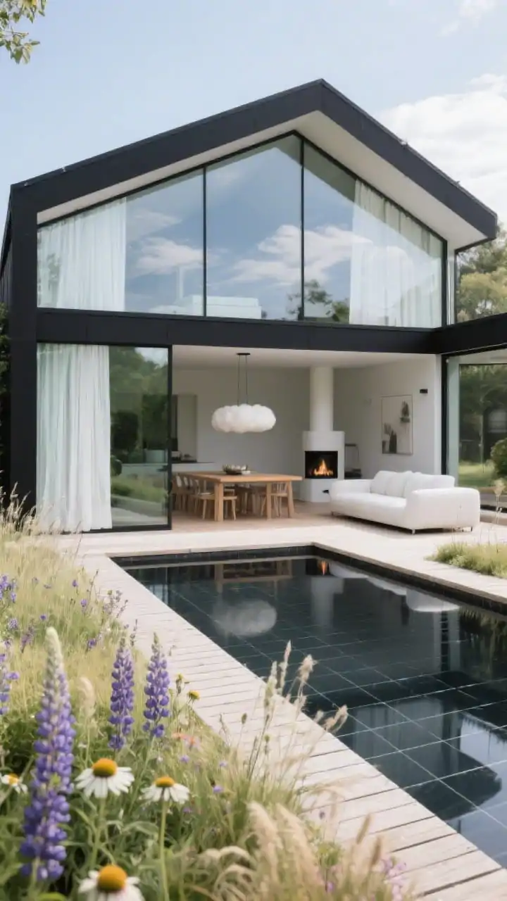 Wide architectural shot of a Scandinavian glass box house: sharp-lined black-tiled pool mirroring the sky; foreground wildflower meadow garden with lupines, echinacea, and airy grasses; boardwalk-style path from living room to pool over a low planting bed; inside, a cloud sofa, white-oiled oak dining table, and a suspended cylinder fireplace; sheer white curtains softening the view; palette black, white, pale oak, soft sage; crisp morning light, clean lines, high clarity, straight-on perspective.