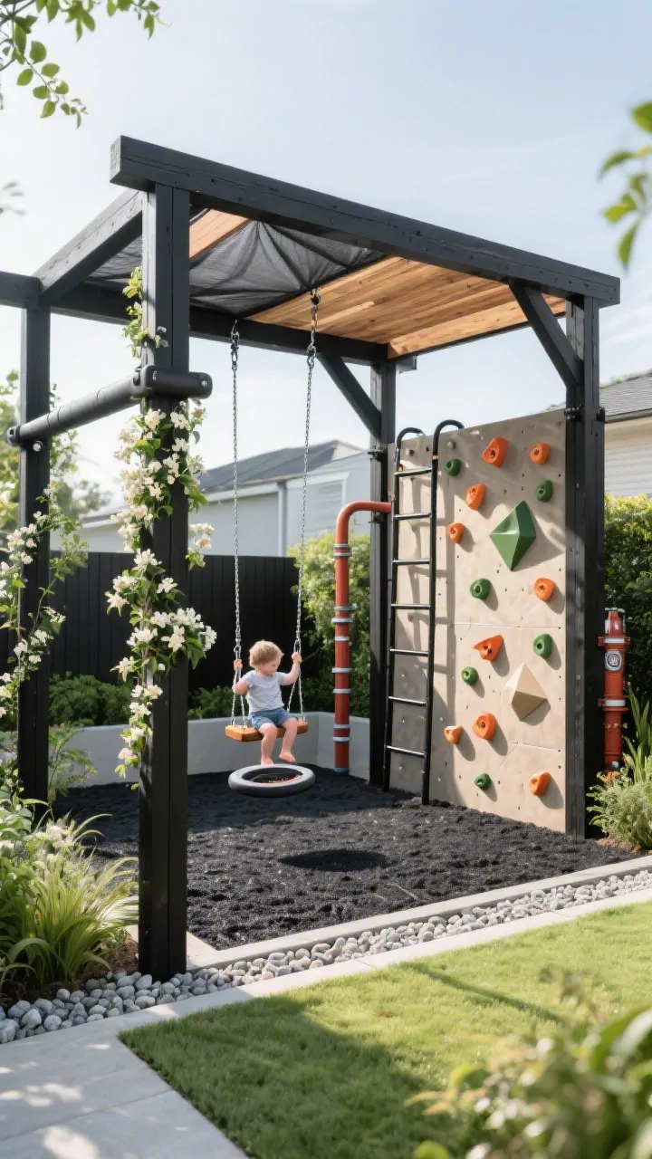 Wide backyard view of a jungle gym pergola integrated into modern landscaping: black powder-coated steel (or dark-stained timber) frame with a pergola roof and shade cloth; a dedicated swing bay beam with heavy-duty hangers holding a toddler swing and a disc swing; one side features a climbing wall with geometric holds in terracotta, olive, and sand; opposite side has a cargo ladder and a short fireman’s pole; ground finished with rubber mulch bordered by pea gravel; posts dressed with climbing jasmine to soften the structure; bright natural daylight; modern garden aesthetic with black + wood and structured greenery; no people, photorealistic.
