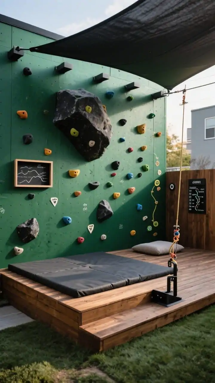 Wide backyard wall shot of an adventure wall installation: 10–12 foot wide bouldering section on a deep green wall with varied climbing holds and a chalk tray, padded landing zone below; a compact cedar-slat hangout deck attached with matte black brackets, topped by a taut shade sail; from the deck, a short kid-rated zip line leading to a cushioned landing area; magnetic trail markers and a small route board on the wall; moody palette with deep green, matte black, and warm cedar; late afternoon contrasty light; urban adventure vibe; no people, photorealistic.