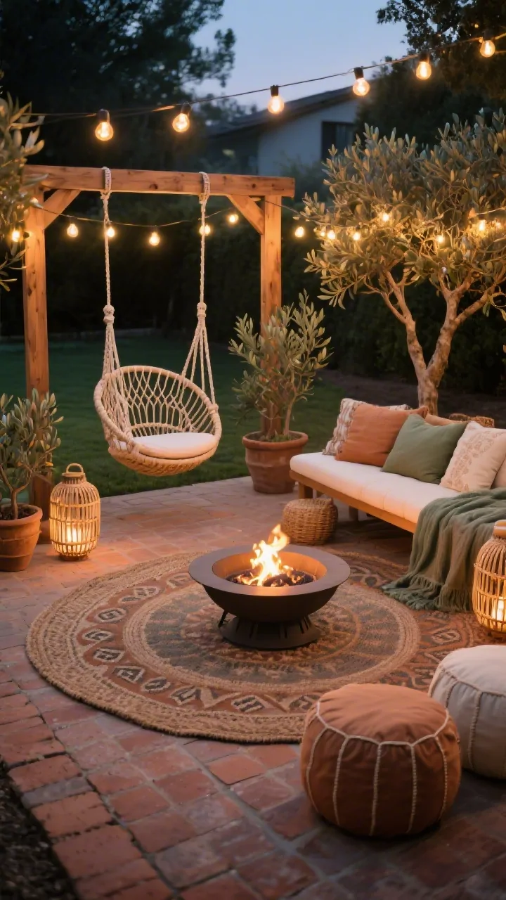 Wide boho backyard vignette at evening: cedar frame supporting macramé chair swings and a round woven saucer in weather-rated natural fibers, layered over terra-cotta pavers with an oversized patterned outdoor rug. A low-profile gas fire pit at safe distance with flame guard, surrounded by slip-resistant pavers. Decor glows with string lights featuring warm Edison bulbs, rattan lanterns, and potted olive trees. Textiles in muted clay, sage, and cream on a bench and floor poufs. Warm, twinkling ambiance, corner angle, photorealistic.