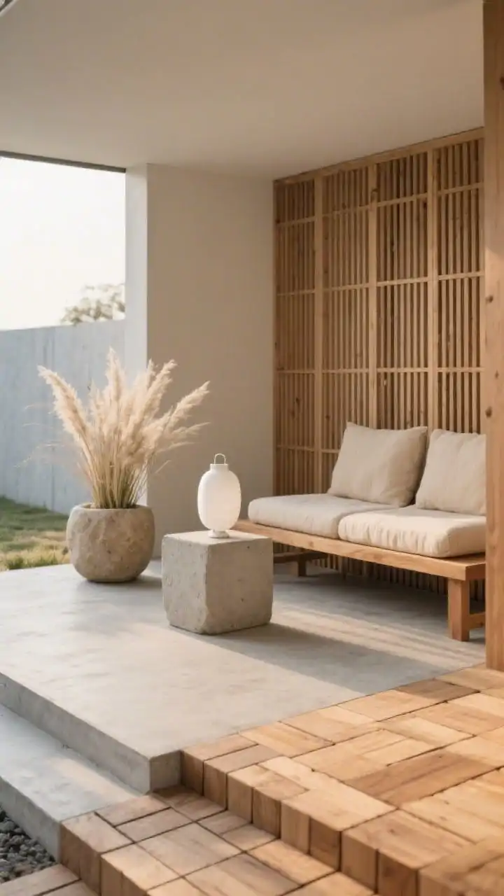 Wide, calm Japandi retreat captured from a slight corner angle: modular warm-wood deck tiles partially overlay the concrete, creating a layered look; a low teak bench with pale oatmeal cushions sits against a slatted privacy screen; a chunky concrete side table and a single oversized stone planter with sculptural ornamental grass provide minimal decor; a white ceramic lantern sits neatly by the bench; textures: slatted wood, smooth concrete, nubby linen; color palette: sand, soft gray, natural wood; photorealistic, soft diffuse morning light.