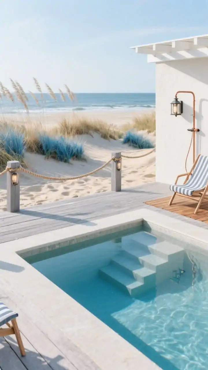 Wide coastal deck view, breezy daylight: a tidy rectangular pool set slightly below a gray-washed boardwalk deck; light sand-colored plaster interior creates a bright beachy shimmer. Steps float down to a submerged sun shelf. Along a low dune-like berm, clusters of feather reed grass, blue fescue, and dune grass screen the regeneration basin. Nautical rope railings line the deck; lantern-style sconces mounted nearby. Include a pair of sling chairs with striped cushions, a simple white pergola at the corner, and an outdoor shower made from copper pipe over a teak platform. Color palette: driftwood gray, sand, sea blue, crisp white. Photorealistic, breezy coastal chic.