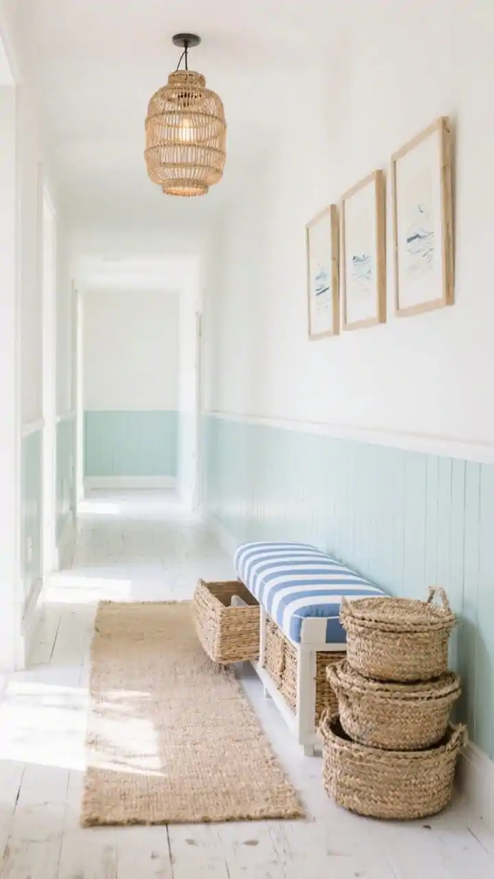 Wide coastal hallway, straight-on: lower half of wall in soft seafoam board-and-batten topped by a narrow white ledge; above, sandy white walls display a trio of framed coastal sketches; an upholstered storage bench in blue-white ticking stripe with lid slightly lifted to show hidden storage; stacked lidded seagrass baskets nearby; pale jute runner over whitewashed floors; overhead rattan pendant lantern casting warm, textured light; colors seafoam, sand, white, driftwood; finishes painted millwork, rattan, seagrass, whitewashed wood; breezy, sunlit.
