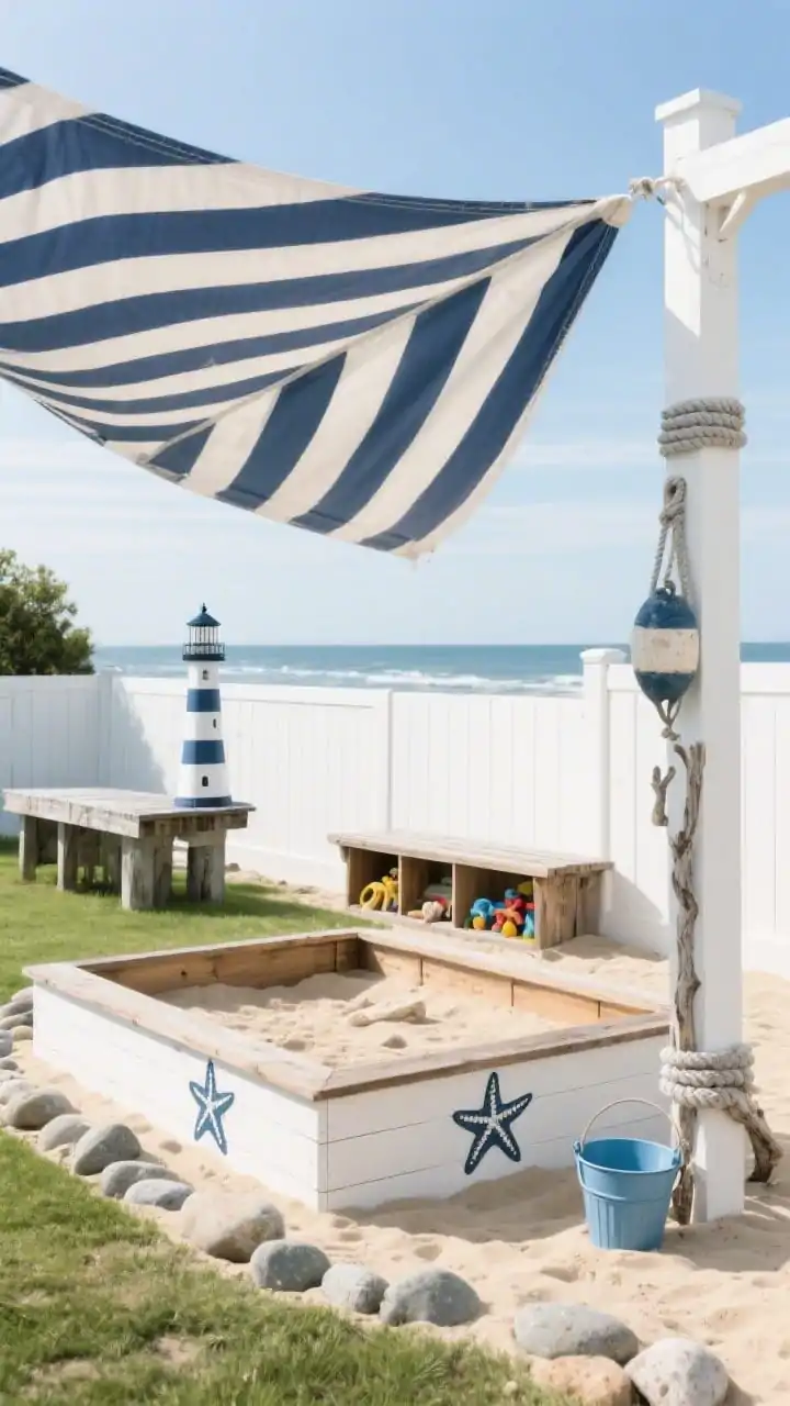 Wide, coastal-inspired backyard scene of a “Coastal Sand & Sail Cove”: a cedar sandbox in a square or softly kidney shape, framed by whitewashed boards, topped with a navy-and-white striped canvas sail shade casting gentle shadows; smooth river rocks edging the sand, a low weathered teak bench with hidden toy storage and starfish stencils; a tiny driftwood pier, a blue metal pail set, and a buoy-inspired hanging hook on a post; palette of sandy beige, ocean blue, crisp white, driftwood gray; rope accents and a miniature lighthouse tucked near the bench; bright, breezy daylight with soft seaside mood, no people, photorealistic.