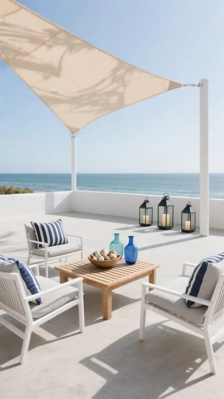 Wide coastal minimal patio, straight-on: smooth clean concrete under a sand-colored sail shade stretched overhead forming sculptural shadows; white aluminum chairs with dove-gray cushions flank a slatted acacia coffee table; accents include striped navy pillows, a bowl of collected shells, and blue-glass vases; a compact trio of outdoor lanterns with battery candles sits to one side for after-dusk mood; color palette: white, sand, navy, sea-glass blue; photorealistic, bright coastal daylight with gentle breeze implied in fabric.