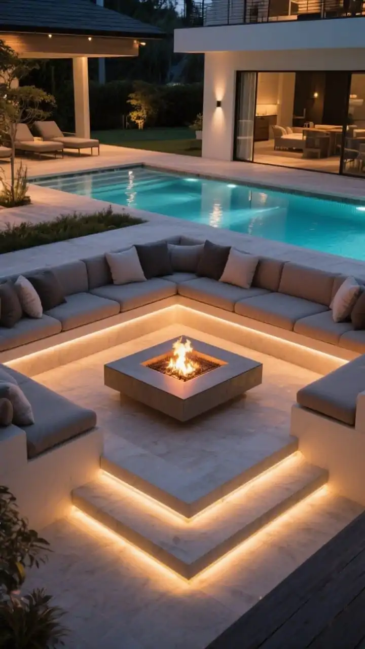 Wide, corner-angle shot of a sunken fire pit lounge 12–18 inches below the main deck, with a square modern gas fire pit at center. Low, cushioned built-in seating wraps the pit; each step glows with integrated LED strip lights. Include a sleek narrow water rill visually linking the pool to the lounge for a resort feel. Clean lines, wind-sheltered intimacy, evening setting with dramatic, warm illumination. No people.