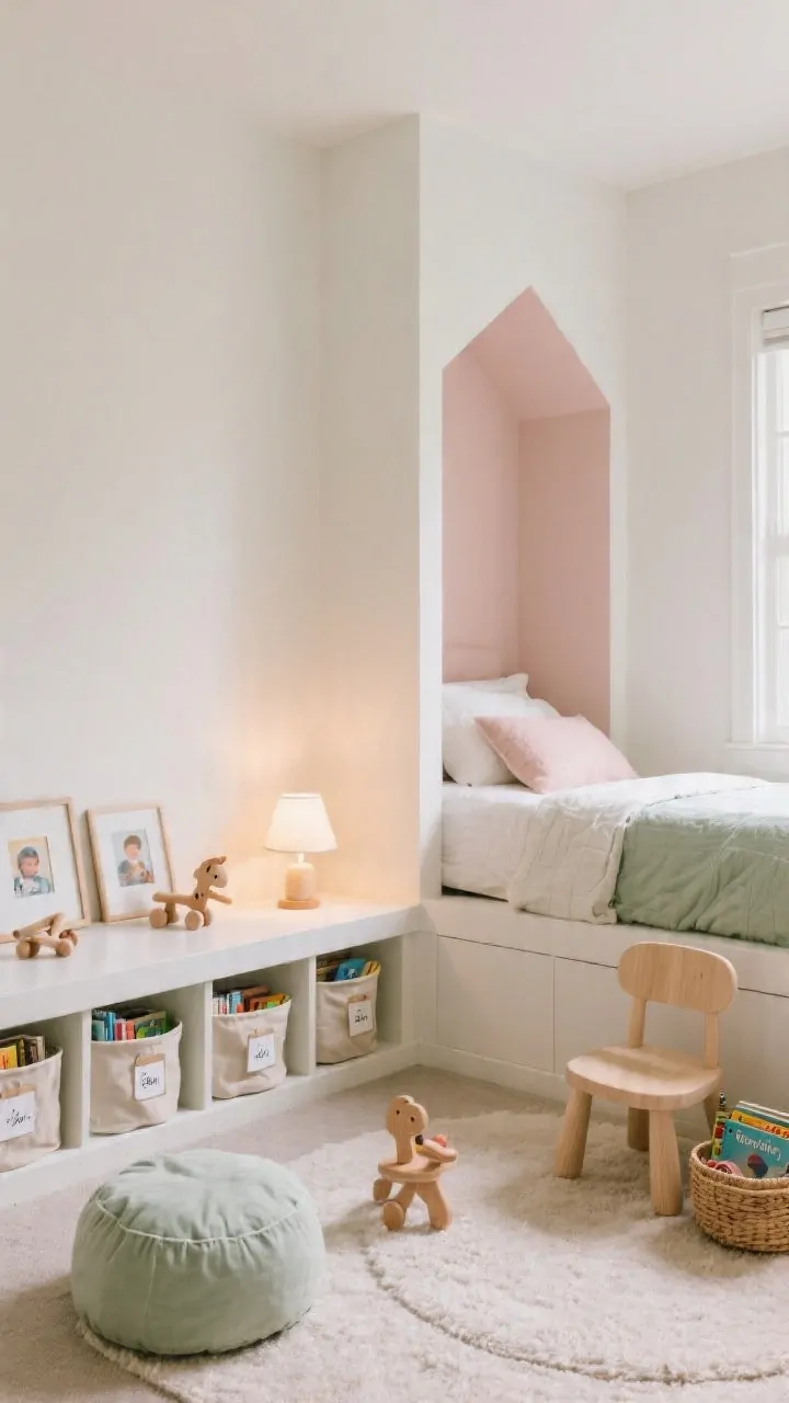 Wide corner angle showing a zoned toddler room like a mini studio: clearly separated sleep, play, and reading zones. Sleep zone: twin bed, soft rug, dimmable lamp; no toys within arm’s reach. Play zone: low shelf with 3–5 fabric baskets labeled with picture tags; a few wooden toys visible. Reading nook: floor cushion, mini chair, front-facing picture ledges with books, small basket of bedtime books. Neutral palette of warm white, blush, and sage; natural light; tidy composition that communicates structure.