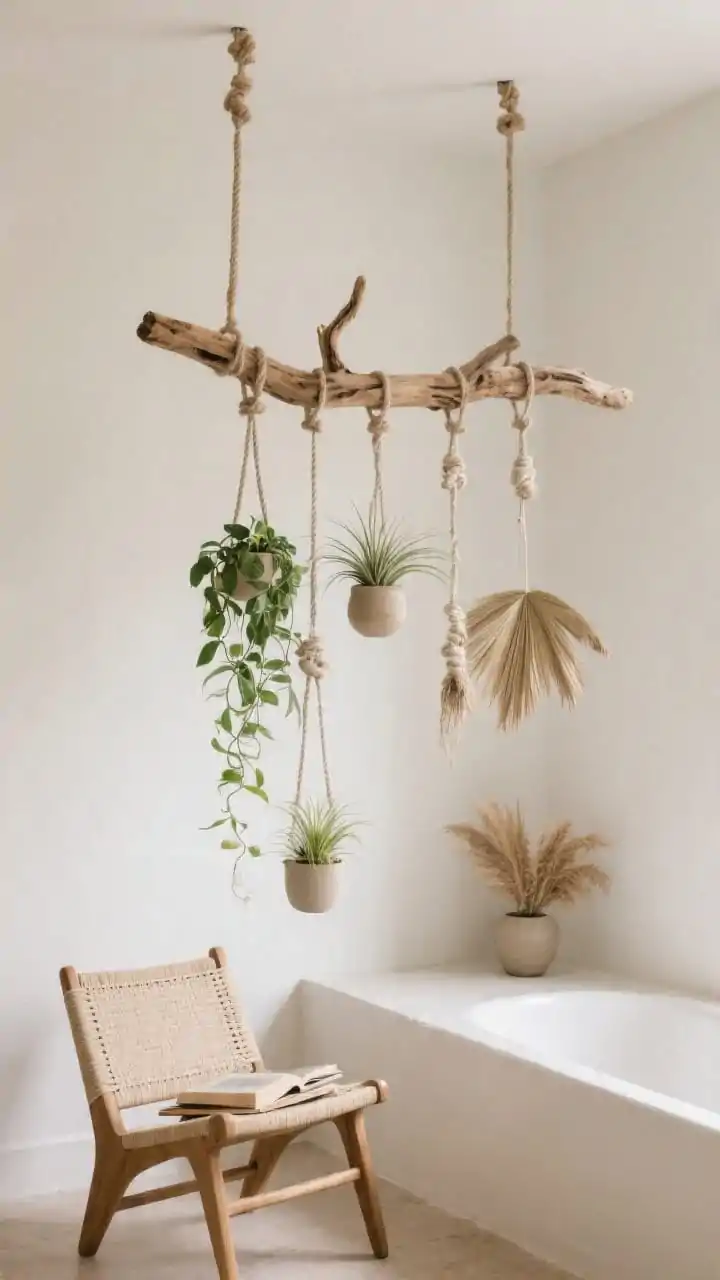 Wide corner view of a tranquil nook with a driftwood hanging garden suspended from the ceiling on jute cords. A balanced driftwood branch with natural offshoots supports staggered hangers holding air plants, trailing pothos, and a tiny neutral-toned ceramic planter; optional dried palm fronds for a zero-care element. Positioned over a reading chair or bathtub edge, avoiding traffic paths. Soft, airy daylight; materials in natural fibers (jute, cotton), raw wood, and matte ceramics; organic, sculptural composition.