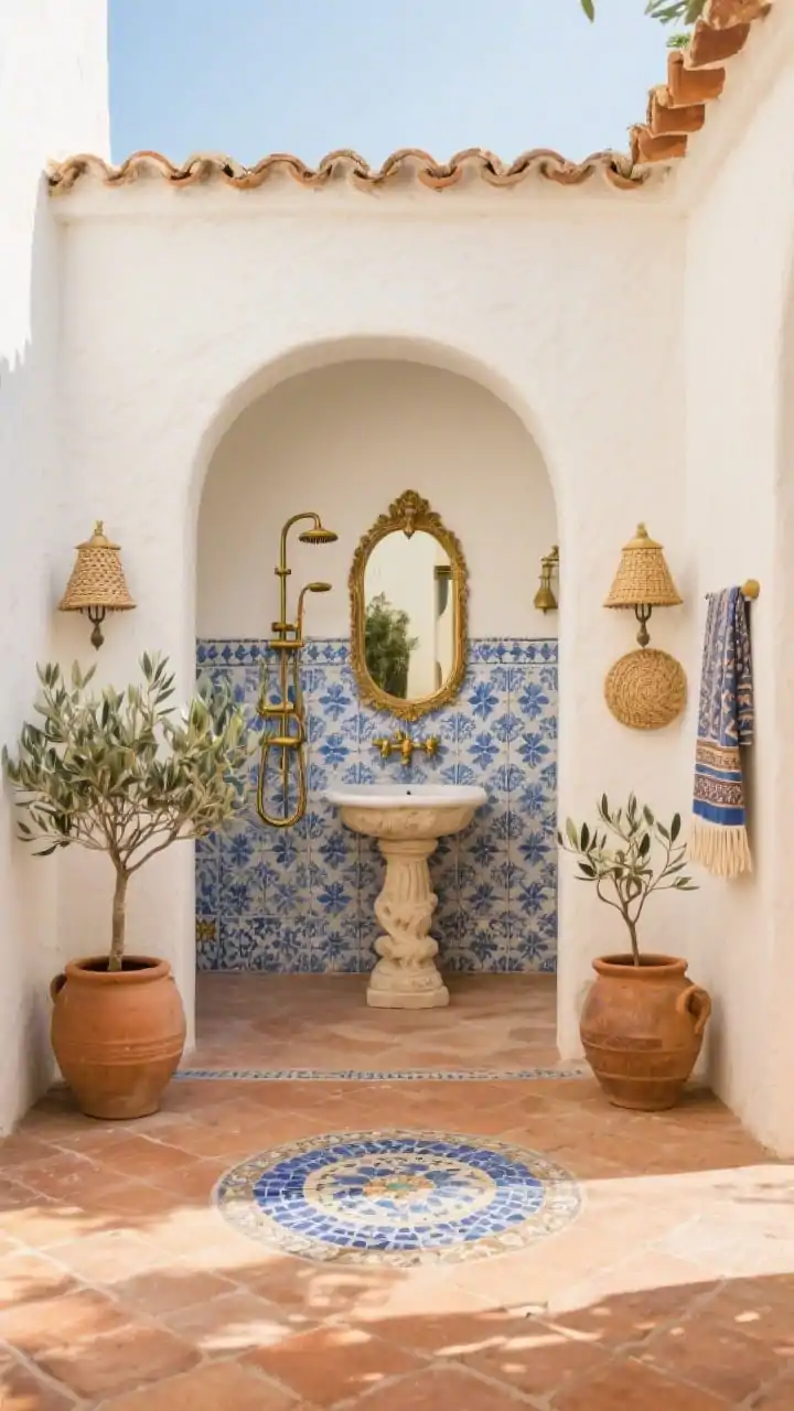 Wide courtyard scene, Mediterranean charm: creamy off-white stucco walls topped with rustic terracotta coping, blue-and-white patterned cement tile backsplash behind antique-style brass shower set, vintage-wash terracotta floor centered with a mosaic medallion, carved stone pedestal sink under an arched mirror, terra-cotta urns with olive trees, woven sconce shades and fringed Turkish towels; palette of cream, terracotta, cobalt, brass; golden late-afternoon sunlight; photorealistic, slightly elevated perspective.