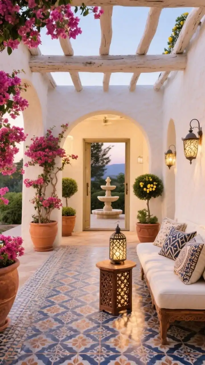 Wide courtyard-style entry shot featuring a stucco-look pergola with soft arches; cream stucco walls and patterned encaustic-look tile flooring in navy and clay tones; terracotta pots overflowing; magenta bougainvillea climbing posts and tumbling over beams; cushioned cream bench with Moroccan-style throw pillows; carved wood side table; pierced metal lanterns casting lacey shadows at dusk; small tiered fountain and lemon topiaries flanking the entry; warm Mediterranean vacation ambiance, photorealistic.