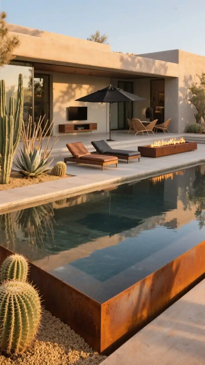 Wide desert modern exterior framed from low angle: a raised rectangular pool clad in rusted Corten steel acting as a water mirror; graphic cactus sculpture garden with agave, barrel cactus, ocotillo on golden gravel; deep sun ledge with built-in chaises and black umbrellas; background interior hints of polished concrete floors, leather sling chairs, floating walnut media console; long linear fire feature aligned with the pool for cinematic evening ambiance; palette of terracotta, slate, walnut, sun-washed neutrals; golden-hour light with long shadows.