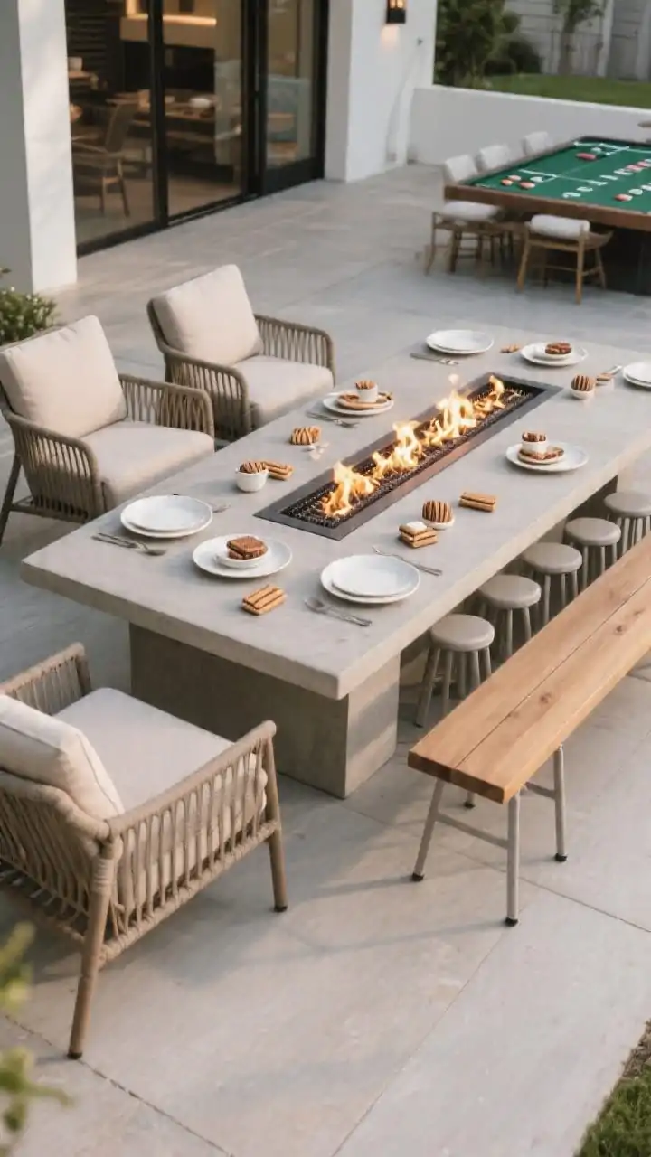 Wide dining-meets-fire hybrid: a rectangular propane fire table acting as dining surface; mixed seating two upholstered outdoor armchairs on one long side, a slim wooden bench on the other, and backless stools at the ends; porcelain or concrete tabletop; flame dialed lower for dining mode; matching seat heights within 2 inches; game-night-ready with plates and s’mores laid out; overhead three-quarter angle to show layout and clear walking lanes.