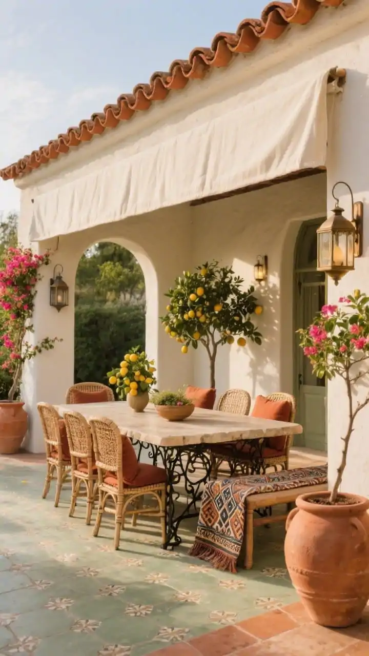 Wide dining scene, Mediterranean portico: A stucco-clad portico extension with a shallow-pitch roof topped in terracotta barrel tiles; slim arched openings framing citrus trees and bougainvillea on posts; encaustic-look floor tiles in soft sage and clay; a wrought-iron dining table with a stone top surrounded by cane-backed chairs with rust cushions and a bench casually draped with a boho runner; patterned Moroccan lanterns and oversized terracotta urns; a retractable cream canvas valance over the sunniest arch; palette of sunbaked terracotta, olive, bone white, burnished bronze; warm late-afternoon light for romantically shaded ambiance; photorealistic, no people, corner angle.