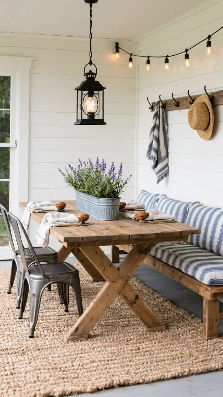 Wide dining scene, straight-on view: A rustic farmhouse patio haven anchored by a sturdy wood dining table with X-legs. Metal bistro chairs mix with a long bench layered with ticking-stripe cushions. A jute or braided outdoor rug defines the area. Overhead, a black iron lantern-style pendant provides warm, vintage light, with black-cord Edison bulbs strung beyond for additional ambiance. Centered on the table: a galvanized trough planter filled with rosemary and lavender, flanked by neatly folded linen napkins with wood napkin rings. Background shows a shiplap accent wall with rustic hooks holding straw hats and throws. Palette: warm wood, cream, charcoal, faded denim blue. Materials: reclaimed wood, galvanized metal, linen, jute.