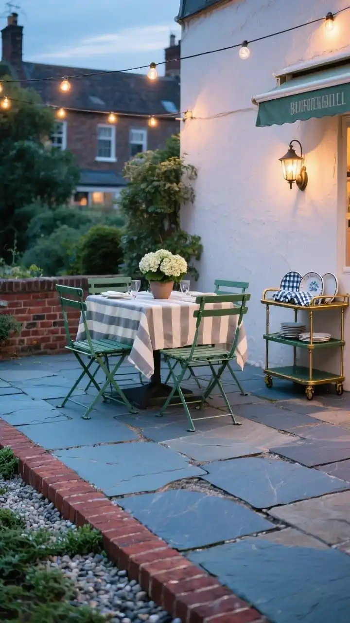Wide dining terrace, classic bistro charm at twilight: thermal bluestone slabs in mixed sizes forming an old-world patchwork, edged by a brick soldier course; gravel border beyond with thyme creeping between bluestone edges; matte forest-green metal bistro set centered with a striped outdoor tablecloth in cream and subtle slate tones; potted hydrangea centerpiece; bar cart with brass hardware to the side holding enamelware plates and gingham napkins; vintage-style sconce on adjacent wall and cafe string lights overhead casting warm pools of light; palette of slate blue-gray, brick red, cream, leafy green; photorealistic, timeless and welcoming.