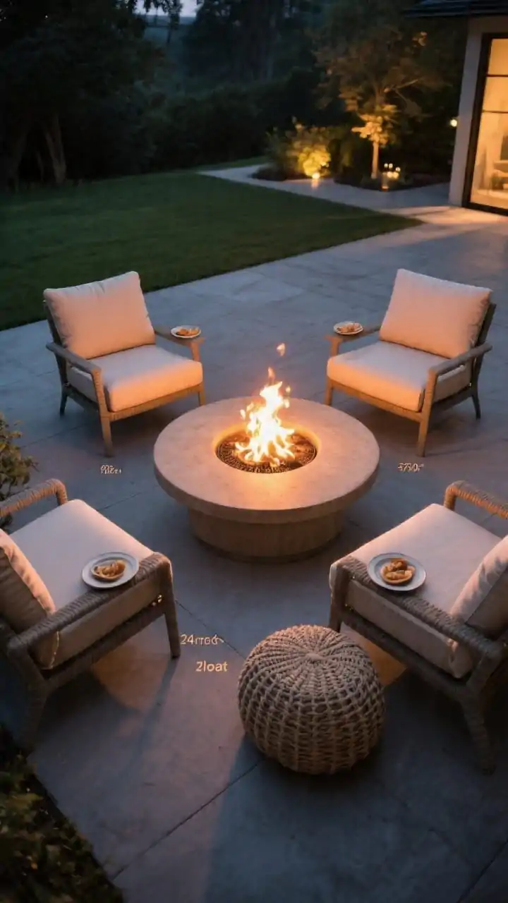 Wide evening patio scene: a true conversation circle around a gas fire pit, with four deep lounge chairs set at 90-degree angles around a round concrete chat-height fire table (24 inches tall). Seats are spaced 24–36 inches from the pit, with a movable woven pouf as a “float” seat. Warm, flattering 2700K lighting from the fire, soft glow on neutral cushions, snack plates on chair arms, knees comfortably clear. Straight-on eye-level view, no people, photorealistic, crisp details of flame and seating distances.