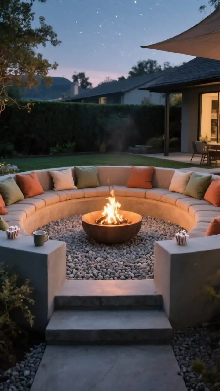 Wide, evening shot of a sunken backyard fire pit lounge that feels like a private retreat: a circular recessed area reached by two shallow steps, pea gravel underfoot with decomposed granite edging for texture and drainage, a central sunken fire pit with low flames, built-in wide bench ledges encircling the pit for mugs and marshmallows, weatherproof cushions in earthy tones (sage, sand, terracotta) layered along the benches, soft starlight overhead and subtle wind protection from the lowered grade; photorealistic, no people, calm intimate mood.