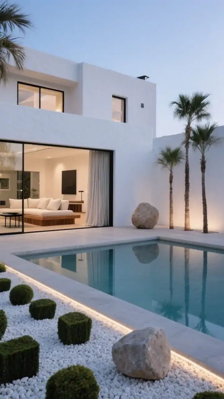 Wide exterior shot at dusk of a minimalist white stucco home with a mirror-still rectangular reflecting pool bordered by a tight grid of slender date palms; white gravel garden with clipped box spheres and a single sculptural boulder; floor-to-ceiling glass open to poured concrete floors that extend to the pool deck; inside glimpse of a warm oak platform sofa with ecru cushions and a thin-profile black steel coffee table; soft linen drapes barely touching the floor; palette of white, warm oak, matte black, soft sand; invisible strip lighting under the pool coping creating a soft evening glow; photorealistic, calm, serene, negative space emphasis, straight-on perspective.